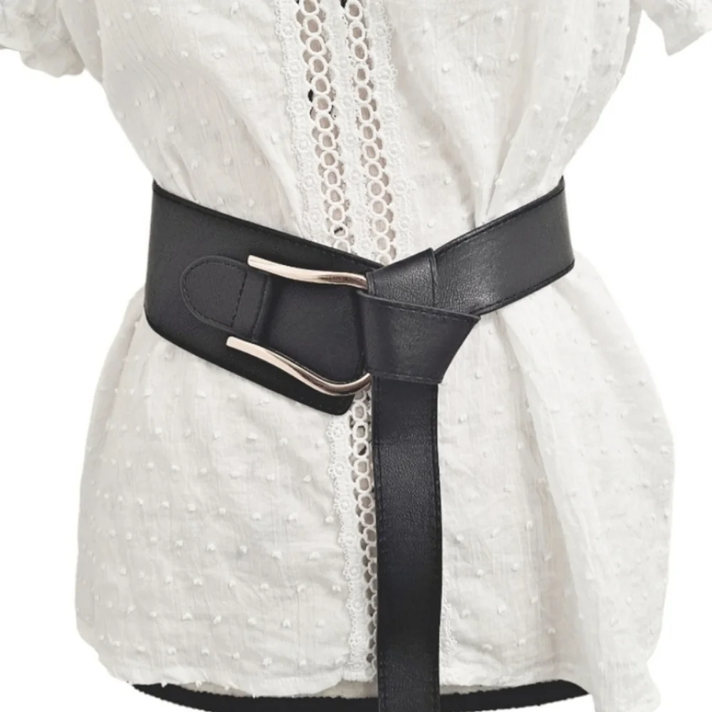 Black Faux Leather Corset Wrap Wide Waist belt Boho Asymmetrical Gold Buckle